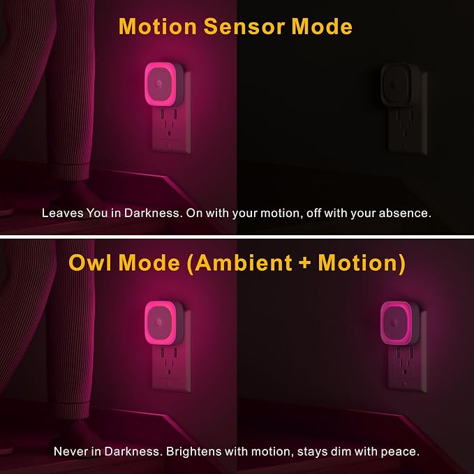 Pink Night Light Motion Sensor, Dimmable Plug in Nightlight, 2 Pack | 3 Modes, Auto Dusk to Dawn Sensor, Eye-Care Reflected Glow, Nightlight Plug into Wall, Pink Lamp for Bedroom, Girls, Bathroom