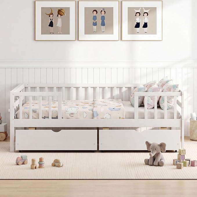 Giantex Full Kids Bed with Storage Drawers, Wood Montessori Bed with Rails & Side Shelf, Low Daybed Bed Frame for Boys Girls, No Box Spring Needed (White)