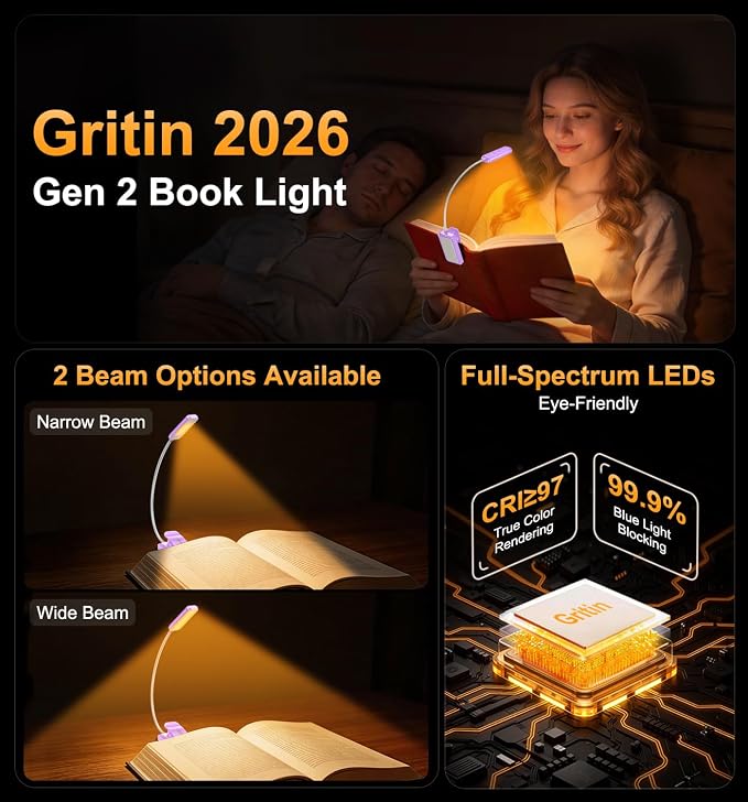 Gritin 2026 Gen 2 Book Light for Reading- 30 Eye Caring Full Spectrum LED | 5 Colors & 5 Brightness, Adjustable Wide/Narrow Beam, Upgrade 1500mAh Long-Lasting Rechargeable Clip on Light-Purple