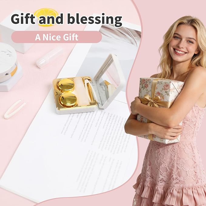 Contact Lens Case, 2 Pack Cute Portable Eye Contacts Travel Box with Mirror Colored Lenses Applicator Remover Tool Kit Solution Bottle for Daily Makeup Office Outdoor (Gold Marble)