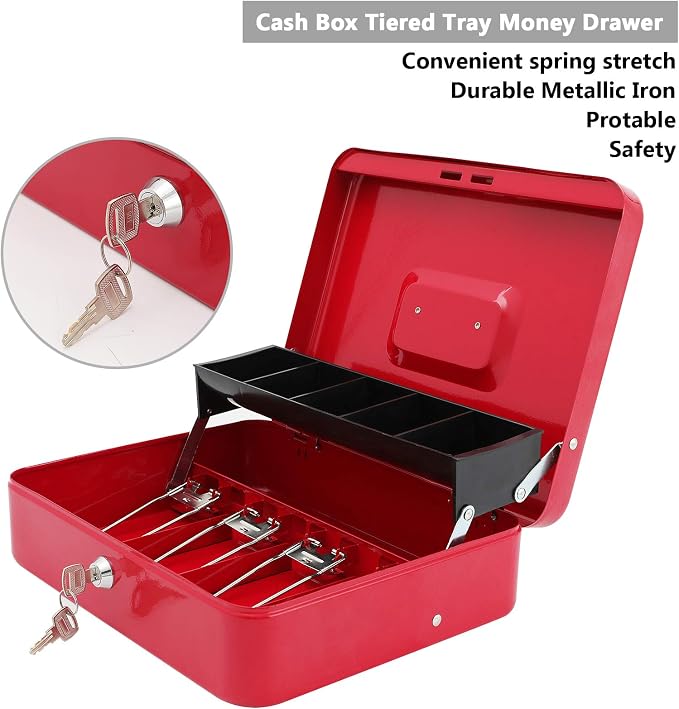 xydled Cash Box with Money Tray and Key Lock,Money lock box with Cash Tray,Safe Lock Box with Key,Tiered,4 Bill / 5 Coin Slots,11.8" x 9.5" x 3.5",Red