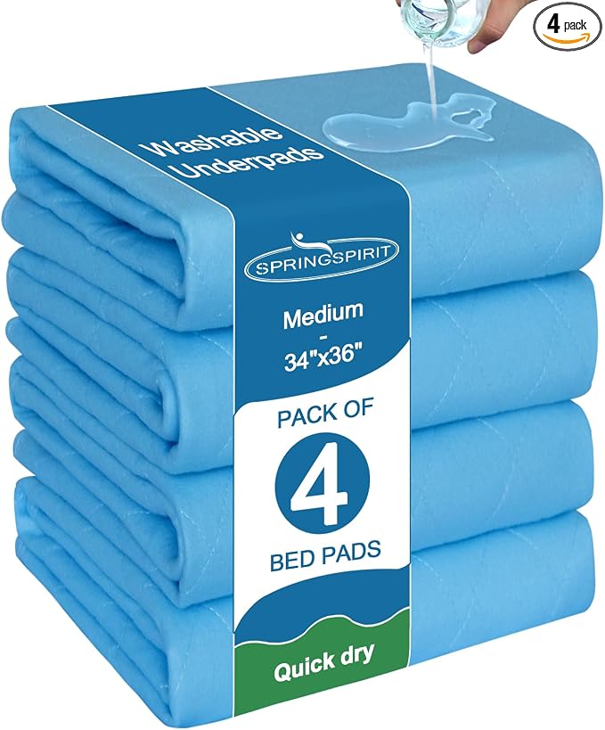 Bed Pads Washable Waterproof for Incontinence 34'' x 36'' 4 Pack | Reusable Underpads for Adults, Washable Pee Pads, Great for Dogs, Cats, Bunny, Seniors Bed Pad, Hospital Bed Sheets, Blue