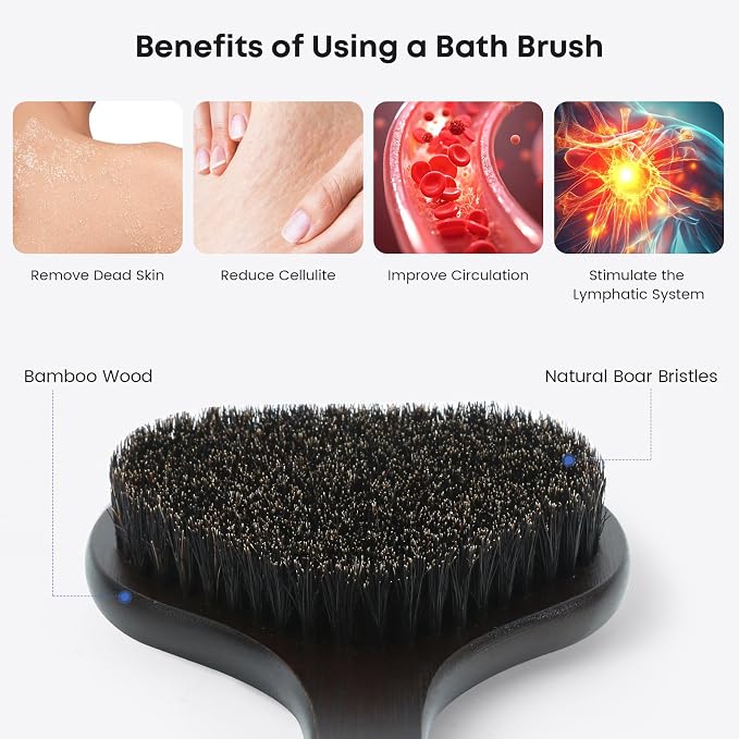 eaxun 17.3 Inches Bamboo Back Scrubber with Curved Long Handle for Shower | Exfoliating Shower Brush with Natural Boar Bristles for Men and Women, Anti-Slip Grip Back Washer for Bath or Dry Brushing