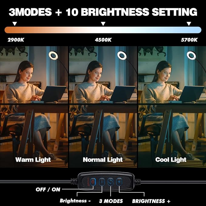 Magnifying Glasses with Light, 10x Clip on Desk Lamp with Magnifier | 3 Color Modes with 10 Brightness Levels, Flexible Gooseneck LED Eye-Caring Craft Light for Home Office Reading Study