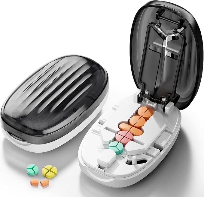 Pill Cutter Splitter for Small and Tiny Pills, 1/2 1/4 Pill Splitter for Small Pills,Tablets in Half or Quarters, Accurate and Easy Cutting, Stainless Steel Blade, Back Storage (Transparent Black)