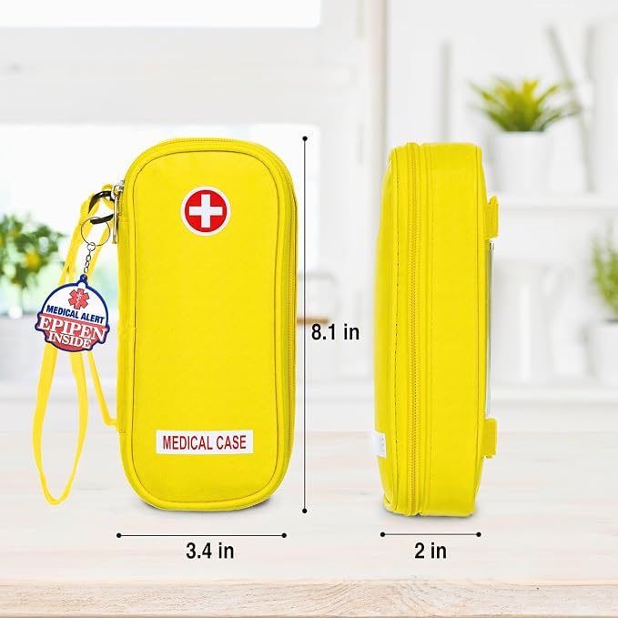 EpiPen Medical Carrying Case Insulated, Travel Medication Organizer Bag Emergency Medical Pouch, Fits 2 EpiPens, Asthma Inhaler, Anti-Histamine, Auvi-Q, Allergy Medicine Essentials, Bright Yellow
