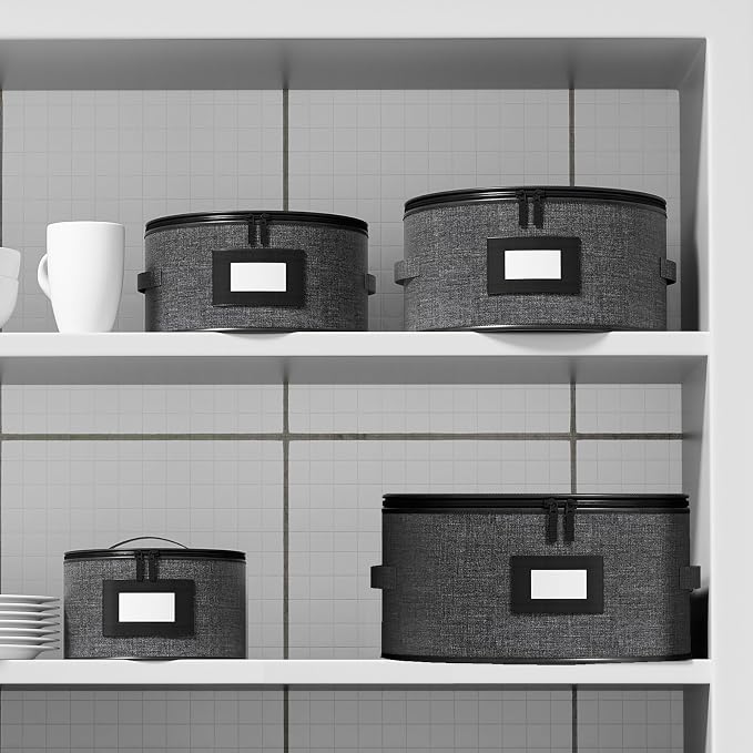 Aokeyee 4-Piece Plate Storage Box, Hard Shell Storage Containers with 48 Soft Dividers for Saucer, Dessert, Salad & Dinner Plates, Sturdy Quilted Stackable Dish Organizer for Moving & Protection, Grey