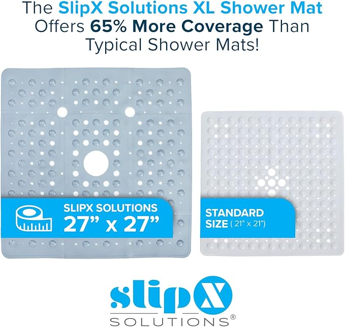 SlipX Solutions 27" Oversize Square Shower Mat, Non-Slip Mat for Elderly & Kids, 100+ Power Grip Suction Cups for Smooth Surfaces, Machine Washable, Solid Gray