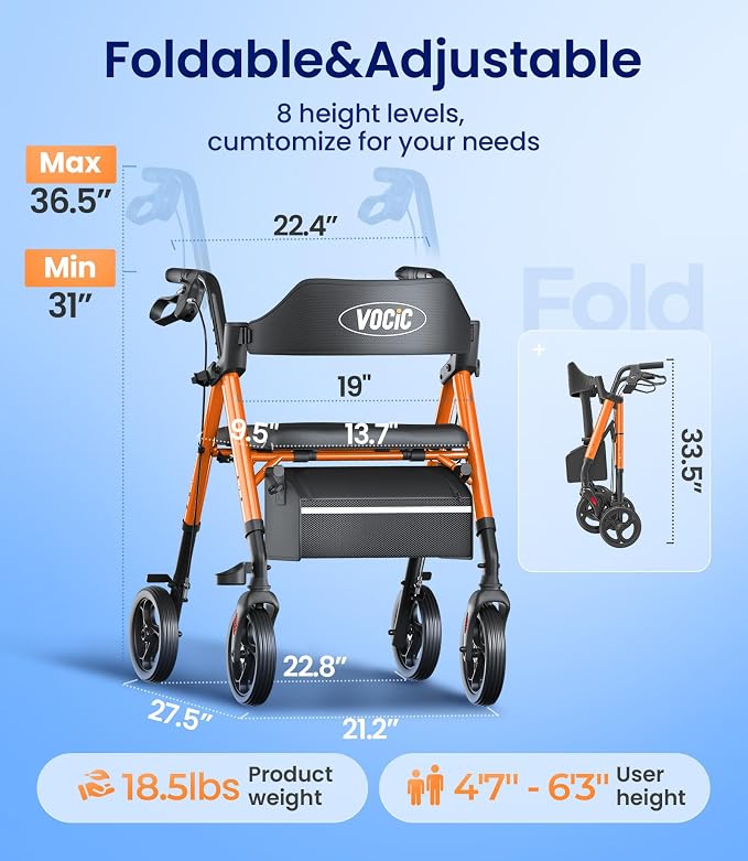 VOCIC Z21 Rollator Walker for Seniors with Seat, 8" All Terrain, 350 LBS | Lightweight Foldable & Dual Height Adjustable for Seniors, Ergonomic Arc Seat&6" Ultra Backrest Provide Comfort, Orange
