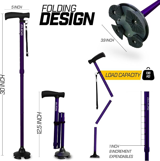 ZELECKS Walking Cane for Women & Men - Self Standing Adjustable Folding Cane with T Handle and 360 Pivot Base - Lightweight Foldable Walking Stick for Seniors - Collapsible Cane for Walking