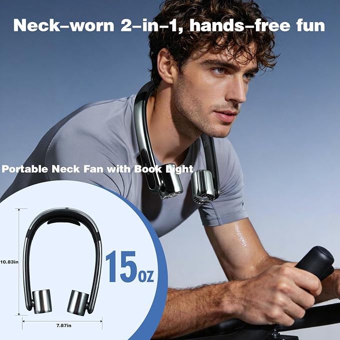VAVOFO Portable Neck Fan with Book Light, Hands Free Wearable Cooling Fan | 6000mAh Rechargeable, 3 Speeds, 250° Adjustable, Ideal Gift for Reading, Travel, Office, Hiking, Fishing & Sports