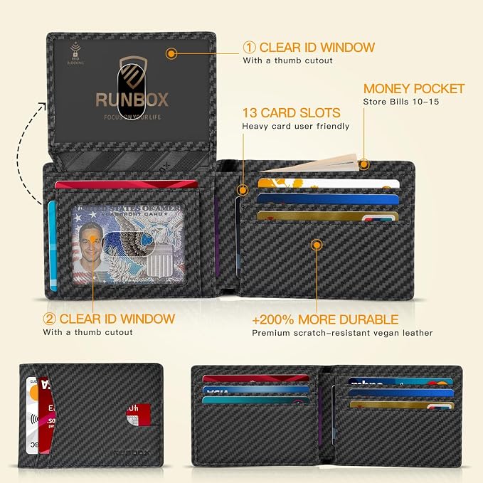 RUNBOX Wallet for Men -Slim Rfid Leather Mens Bifold Novelty Wallets 2 ID Window With Gift Box Men's Accessories | Minimalist Front Pocket Design, Holds 15 Cards, Large Capacity with Cash Pocket,Compact and Thin, Birthday Gifts for Men