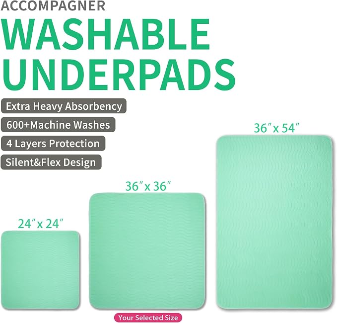 Accompagner Incontinence Bed Pads Washable Waterproof, Ultra-Absorbent Reusable Underpads for Diaper Changing, Nursing, Bedridden, Adults, Seniors, Kids and Dogs (Green, 36"x36"(Pack of 6))