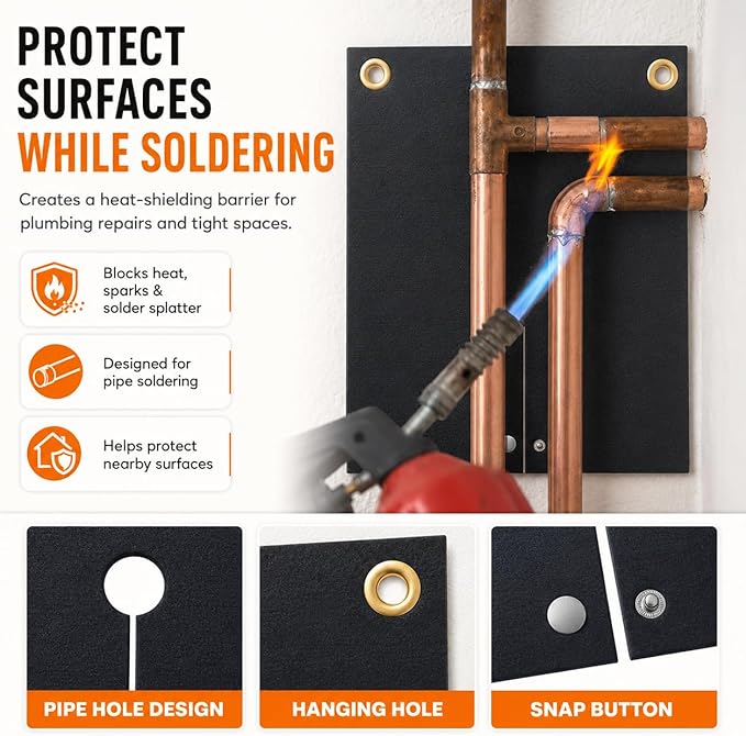 Hvac Tools Welding Blanket Fireproof, 12x12inch Soldering Heat Shield Mat for Torch, Flame Protector, Soldering Repairs with Hole for Pipe, Welding Pad for Plumbing