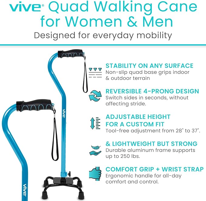 Vive Quad Cane - Walking Stick for Men and Women - Lightweight Adjustable Staff - Comfortable Right and Left Hand Grip for Stability Support - Four Prong Sturdy Aluminum Travel Aid - 4 Tip Blue