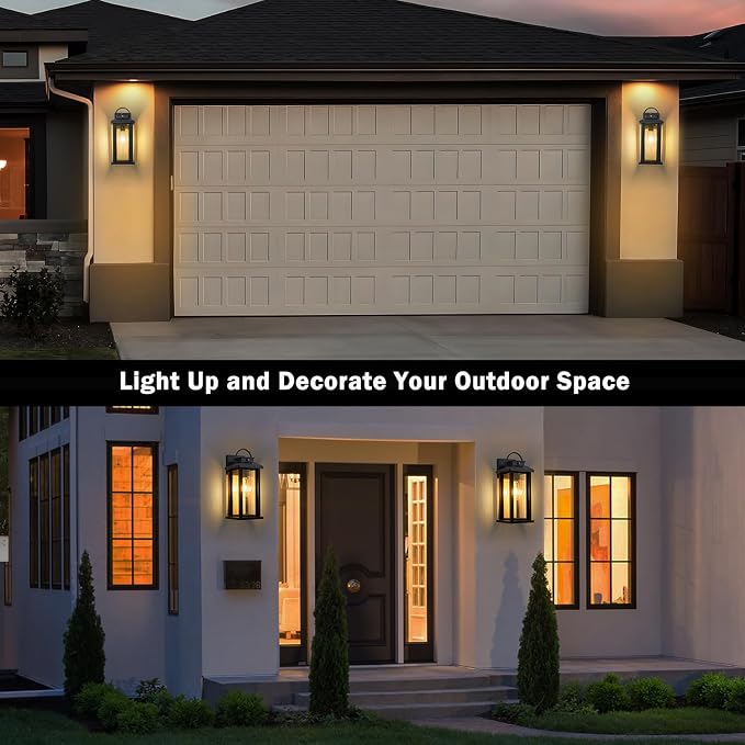 2-Pack 15.5 Inch Dusk to Dawn Outdoor Lighting Wall Mounted | Matte Black, E26 Socket, Hardwired, Clear Seeded Glass, Anti-Rust, Waterproof Outdoor Lights for House