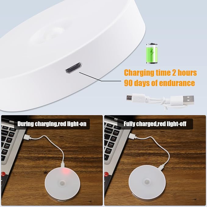 3 PCS Motion Sensor Light, Rechargeable Night Light(3000K Warm Yellow) | 8 LEDs, with USB Cable & Magnetic Patch, 3 Modes, Cordless Safe Wall Light for Kitchen, Bookshelves, Drawers