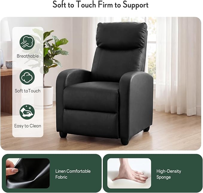 Recliner Chair, Recliner Sofa PU Leather for Adults, Recliners Home Theater Seating with Lumbar Support, Reclining Sofa Chair for Living Room, Black