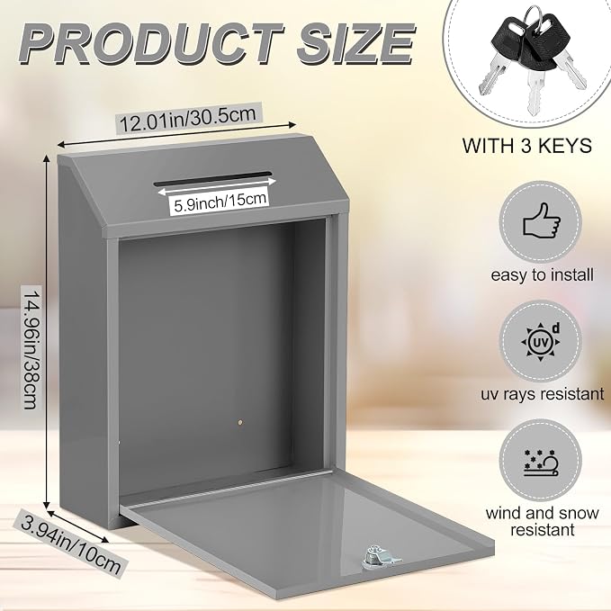Yaocom Metal Money Box,Gray,15 x 12 x 4 Inch,No Lid | Wall Mounted Drop Donation Cash Box for Farm Stand Collection Safe Suggestion Box with Lock Container for Home Office Outdoor
