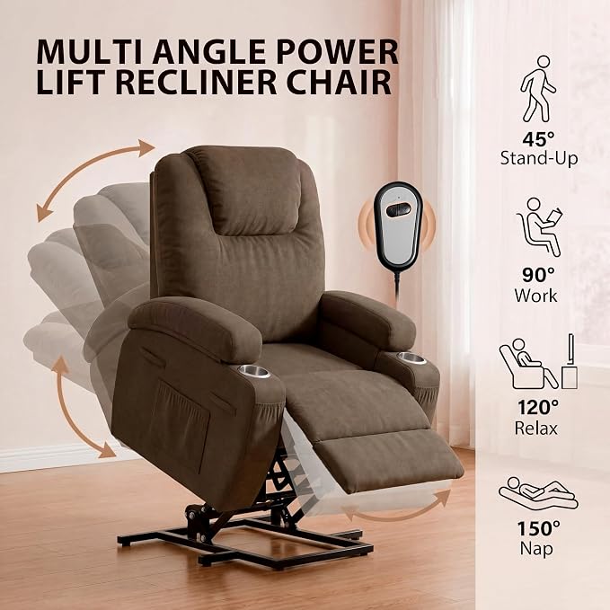 JUMMICO Power Lift Recliner Chair for Elderly with Vibration Massage | Recliner Chair Ergonomic Lift Chair Cup Holder for Living Room (Leathaire, Dark Brown)