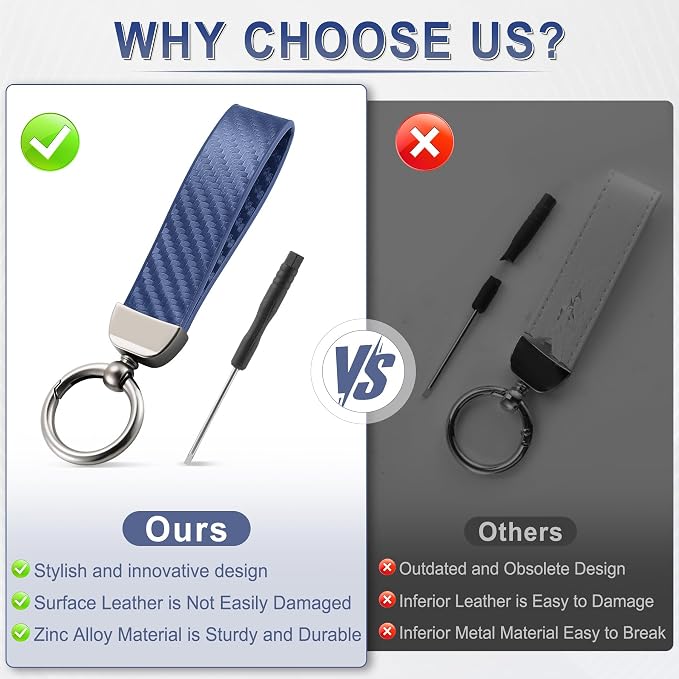 JUSTTOP Leather Keychain, Carbon Fiber Car Key Chain with Anti-Lost D-Ring and 2 Key Ring, Keychain Wristlet, Car Accessories, Universal Keychain for Men and Women (Blue)