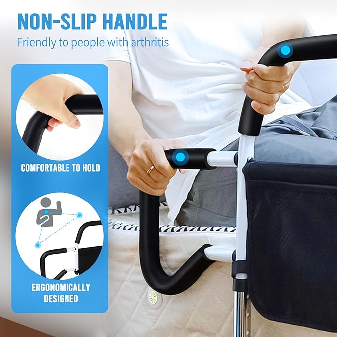 Bed Rails for Elderly Adults Safety, Foldable Bed Guard Rails, Assist Bar for Seniors Fit King/Queen/Full/Twin Size, Gifts for Seniors, Adjustable Heights & Storage Pocket