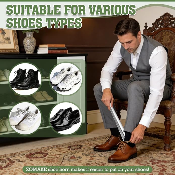 ZOMAKE Metal Shoe Horn Long Handle for Seniors 16.5 Inch,Long Shoehorn Stainless Steel Shoe Spoon Shoe Helper for Men Women