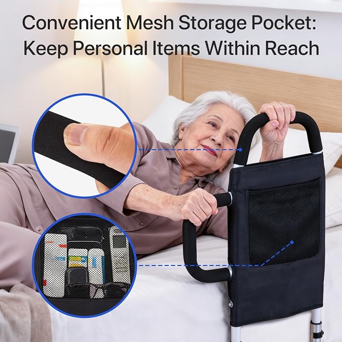2026 Upgraded ASTM Approved Bed Assist Rail Adjustable 400 LBS Senior Bed Cane Anti-Slip Handle & Storage Pocket