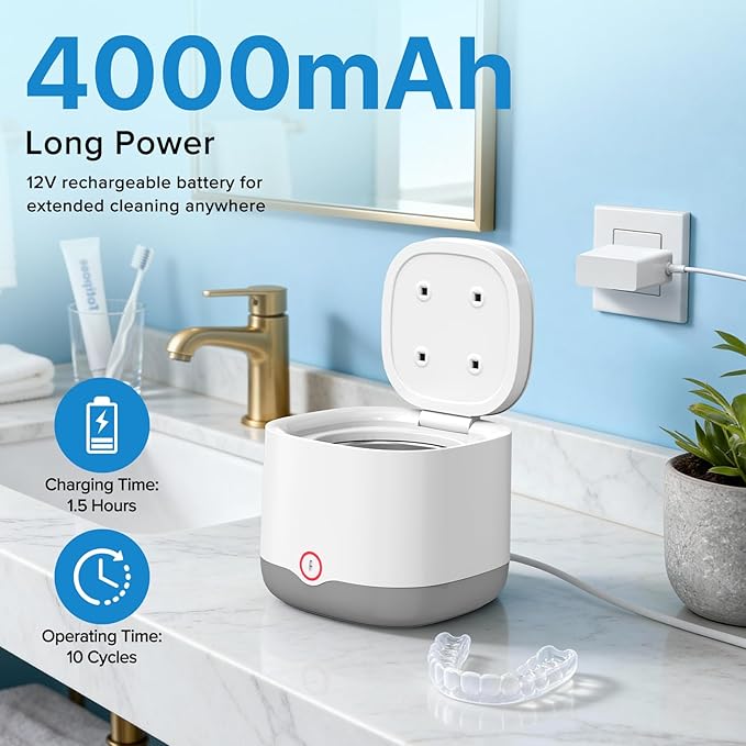 Ultrasonic Retainer Cleaner with UV-C, 45kHz Rechargeable Dental Cleaning Machine 4000mAh, 200ML for Denture, Mouth Guard, Night Guard, Aligner, 3 Modes & 6 Cleaning Tablets