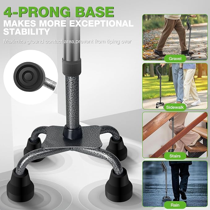 Ciavca Walking Canes for Women & Men, Adjustable Folding Quad Cane, Heavy Duty Walking Sticks Canes for Seniors Balance,Collapsible, Lightweight Self Standing Cane with 2nd Handle and 4-Pronged Base