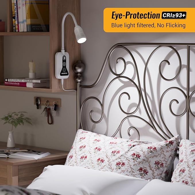 Wall Mounted Reading Light with Hand Sweep Sensor Switch, Book Light for Reading with USB Output, 5 Color & Brightness Dimmable Bedside Light, Wall Lamp with Flexible Neck - White 2 Pack