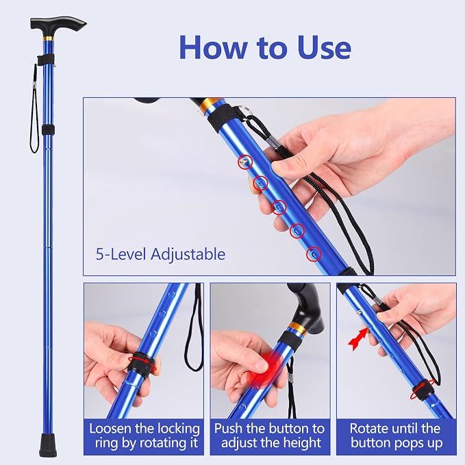 Walking Cane, Folding Cane for Man & Women, Portable Lightweight | 5-Level Adjustable Height, Collapsible Cane for Seniors Balancing Mobility Aid