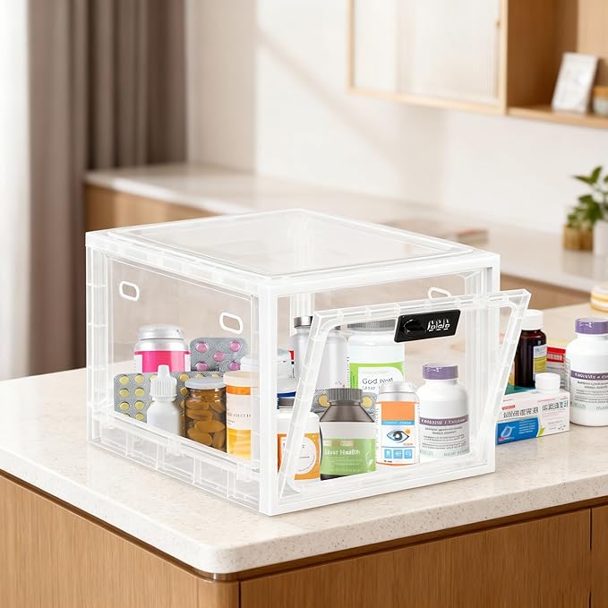 Gemaxvoled 2 Pack Medicine Lock Box, Large Capacity Premium Material Lockable Storage Bin Organizer Box with Combination Code for Safe Medication/Fridge Food/Snacks/Phone/Tablet Jail(White)