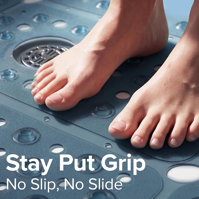 SlipX Solutions 27" Oversize Square Shower Mat, Non-Slip Mat for Elderly & Kids, 100+ Power Grip Suction Cups for Smooth Surfaces, Machine Washable, Dusty Blue