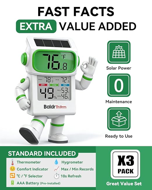 BALDR Indoor Thermometer Hygrometer, Solar Power with Battery Backup, Large Display, Daily Max/Min & Comfort Indicator Humidity Meter | Solar & Battery Dual Power |No Setup or App Required |Clear Comfort Level Indicator |Flexible Desk or Wall Placement