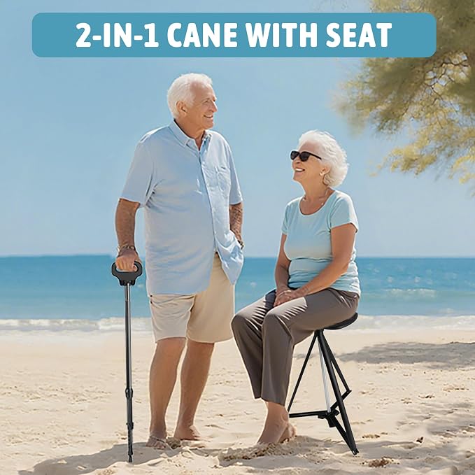 ALEVMOOM Walking Cane with Seat Folding Lightweight, 2-in-1 Cane Stool for Adults, Aluminum Walking Stick with Seat, Stick Chair Portable Stool for Senior