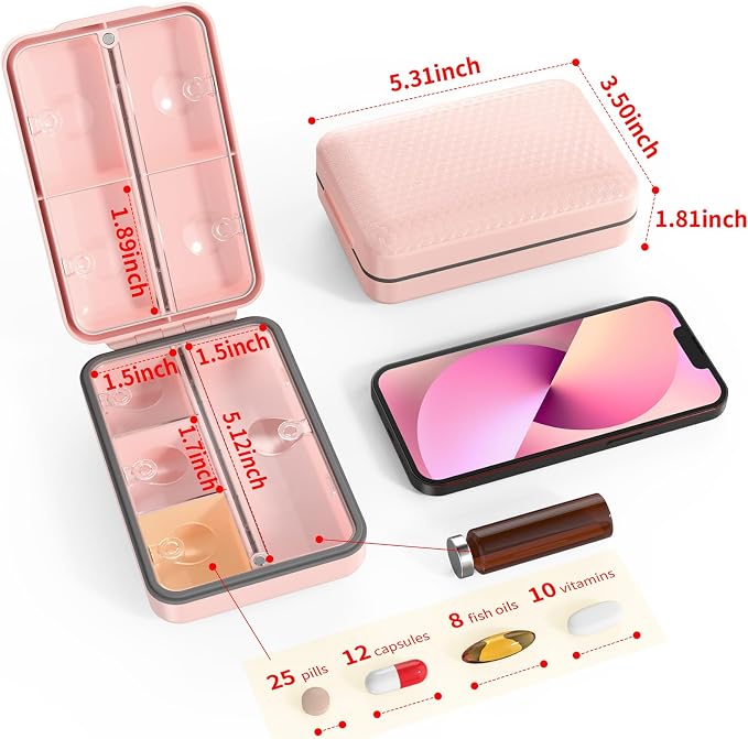 Restree Weekly Pill Organizer 8 Compartment, [Triple Seal Magnetic Lock] Travel Pill Case with Labels & Inner Lid, Moisture Proof for Vitamins, Fish Oil, Supplements, Daily Meds – 7+1 Large (Pink)