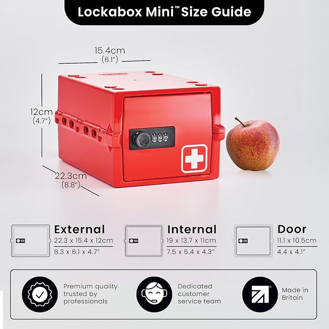 Lockabox Mini™ | Small Medicine Lock Box with Combination Lock (Half Letter Sized) | Mini Medical Lockable Box For Tablets, Creams & Medical Pens | External Size 8.8 x 6.1 x 4.7 Inches (Medi Red)