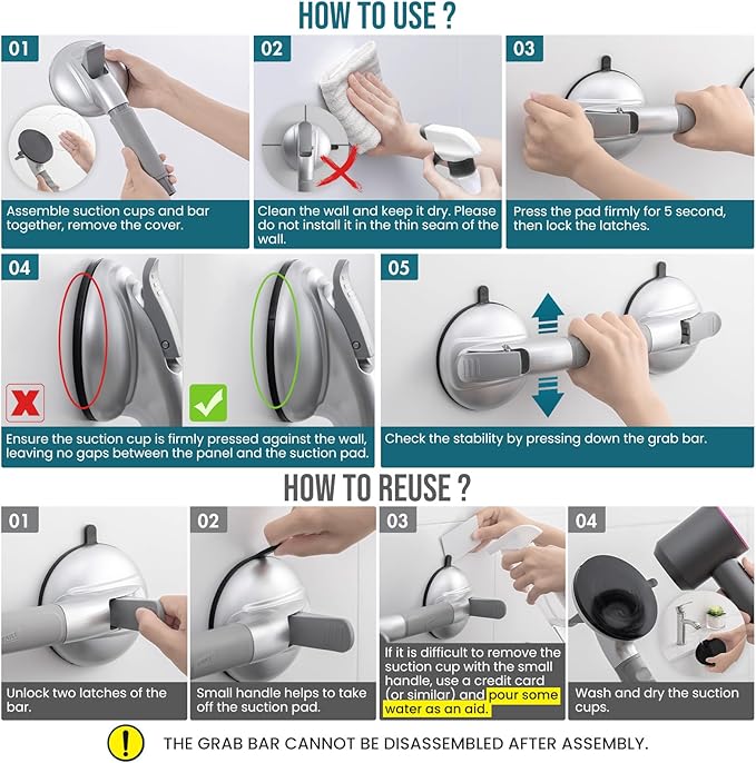 TAILI Grab Bars for Bathtubs and Showers,2 Pack Shower Handles for Elderly Suction,Maximum 330lbs,Shower Bar with Upgraded Rubber Suction Cups,Safety Grip for Senior, No Drilling Removable,Silver