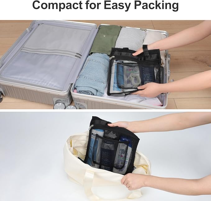 Small Mesh Shower Caddy Portable - Zipper Gym Shower Bag for Travel, Black | 3 Pockets, Quick-Dry Mesh, S-Hook, Hanging Shower Caddy for Toiletry Essentials, Bathroom & Camping