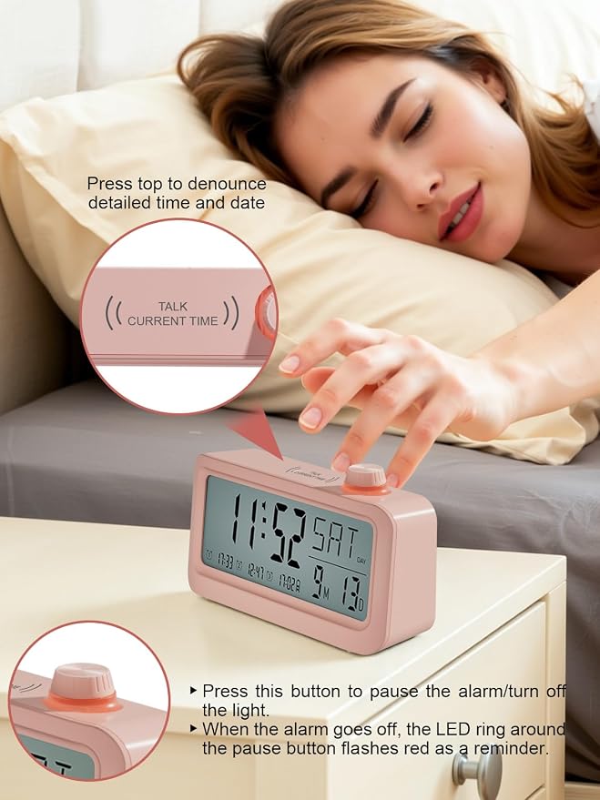 Medication Pill Reminder, RechargeableTalking Alarm Clock with 3 Custom Voice RecordingAlarms, Touch-to-Talk, a Digital Alarm (Clocks Gift forMom/Dad/Seniors/Elderly(Pink)