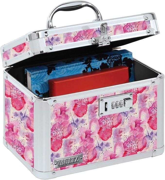 Vaultz Combination Lock Box - Secure Safe for Documents, Valuables, Medicine & Money - 10 x 7.25 x 7.75 Inch - Floral, Pink & Gray