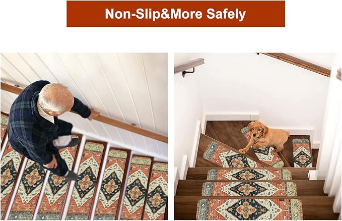 OJIA Non-Slip Carpet Stair Treads for Wooden Steps 15PC 30"X8" Stair Runner | Indoor Stair Runners for Wood Steps Non Slip Rubber Stair Carpet Safety Mats for Dogs, Kids & Elders, Stairway Grip Covers