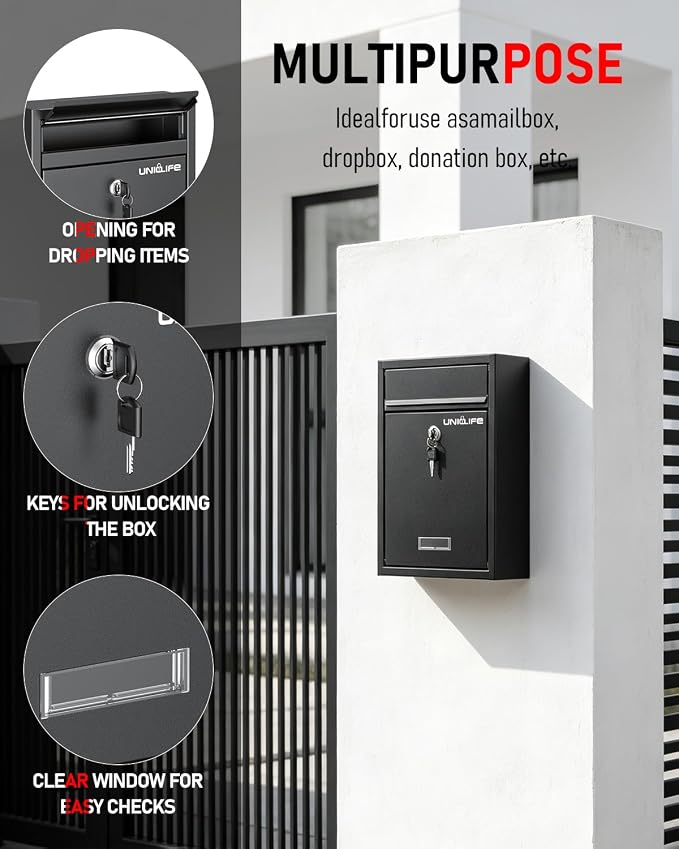Uniclife Wall Mount Mailbox for Outside, Locking Mail Box, Black | Large Mailbox with Key Lock, Security Mail Box for House, Safe Key Drop Box, Steel Cash Drop Box for Home Office School