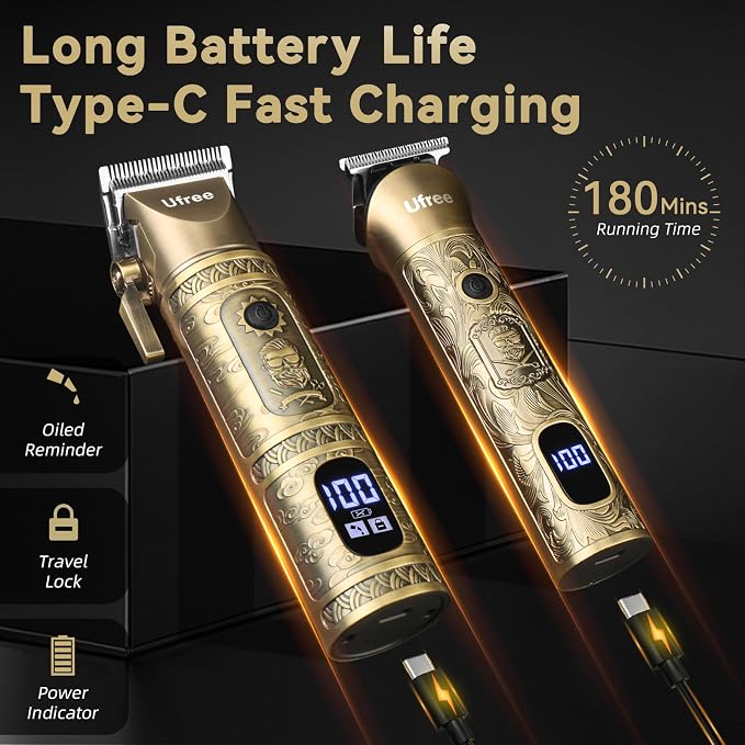 Ufree Hair Clippers for Men, Cordless Beard Trimmer, Grooming Kit, Bronze | T-Blade, 6500RPM, 1-22mm Adjustable Comb, Type-C, 180min Runtime, for Beard, Stubble, Nose and Crisp Edges, Men Gift