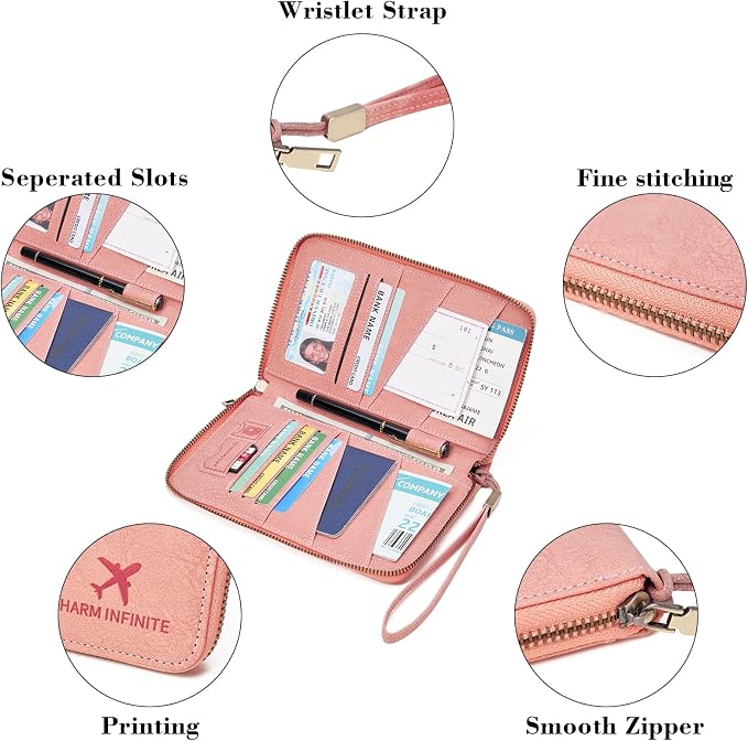 Family Passport Holder Wallet RFID Blocking Zippered Passport Wallet,Women and Men Travel Wallet Ladies Passport Cover