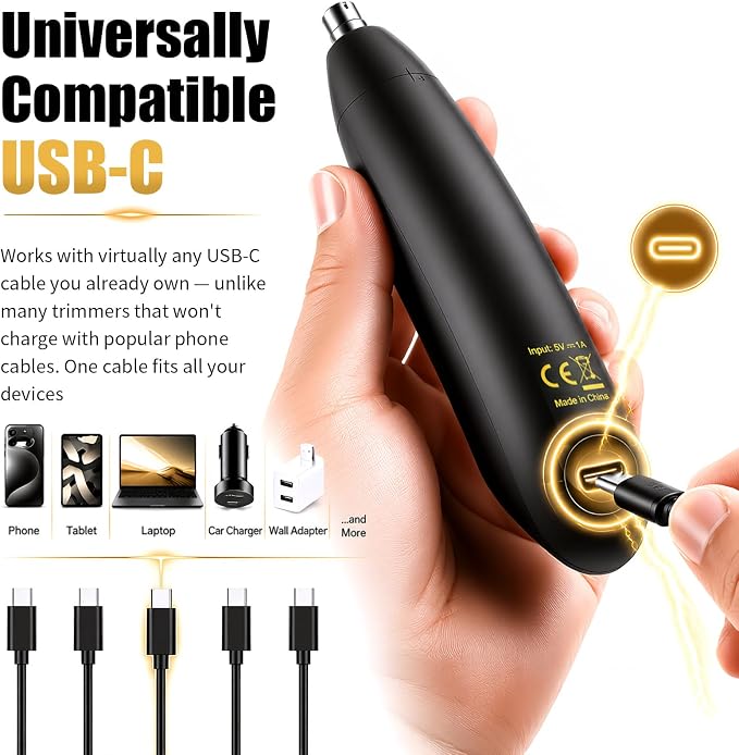 Ear and Nose Hair Trimmer for Men, USB-C Rechargeable Nose Trimmer for Men, 6500 RPM Painless Dual-Edge Blades, 40 Days Use, Nose Hair Trimmer Women, Low Noise, Gift for Men & Women
