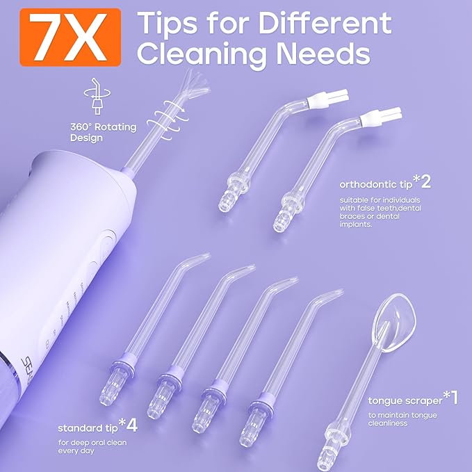 SEAGO Water Dental Flosser Cordless for Teeth, 5 Modes and 7 Nozzles, Dental Water Flosser 300mL, DIY Mode Memory Function, IPX7 Waterproof Dental Flosser, SG8019 Purple