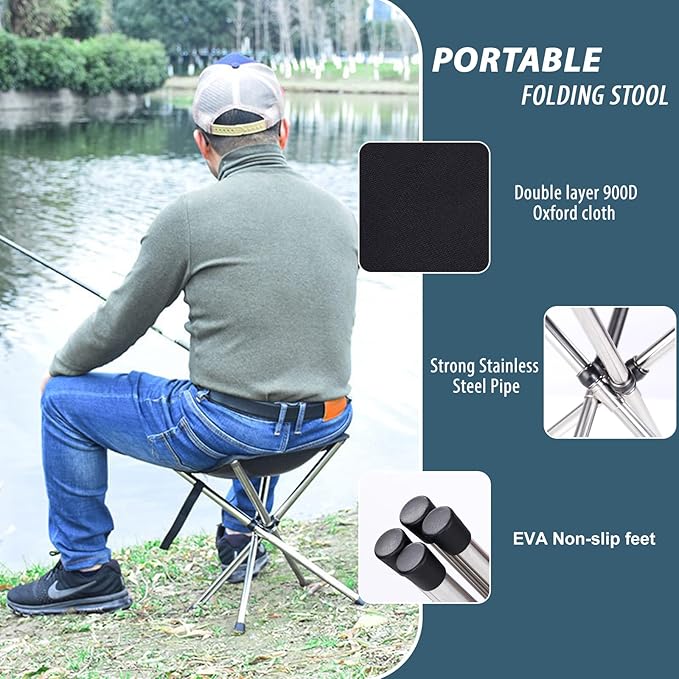 13.8in Portable Camping Stool, Compact Lightweight Folding Chair for Adults | 1.32 lb Weight, 12.2in Seat, 1800D Oxford Fabric, Stainless Steel Legs and Carry Bag for Camping, Fishing, Hiking and Travel