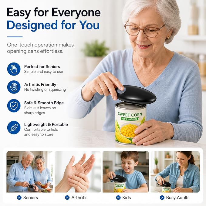 Electric Can Opener for Seniors, One-Touch Battery Operated, Smooth Edges | Fits most round cans with hands-free operation. Easy for seniors and people with arthritis or limited hand strength.